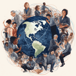 An illustration of a group of people around a globe.