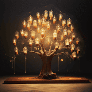 A tree with light bulbs hanging from it.