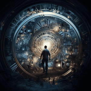 A man is standing in front of a clock.