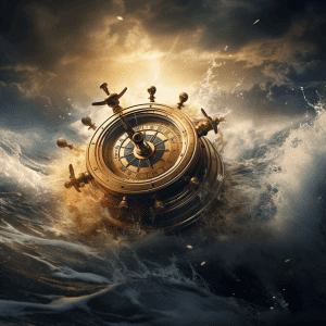 An old compass floating in the ocean.