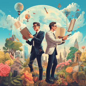 Two men are holding books in their hands.