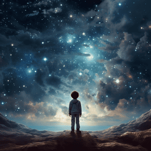 A boy is standing in front of a starry sky.