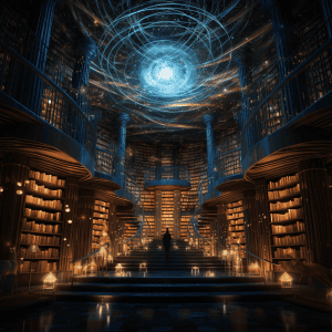 An image of a library with a light shining through it.