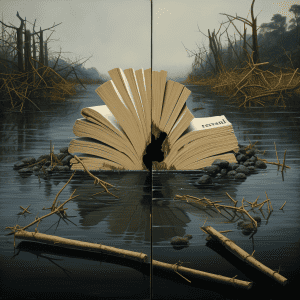 A painting of an open book in the water.