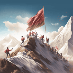 A group of people standing on top of a mountain.