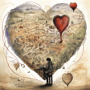 A heart shaped map with a person sitting on a piano.