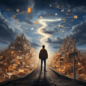 A man is standing on a path looking at a city.