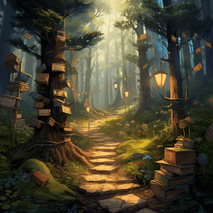 A path in the woods with books and lanterns.