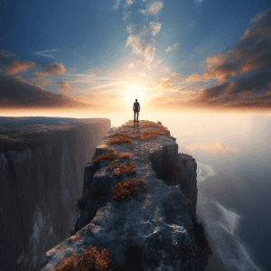 A man standing on top of a cliff at sunset.