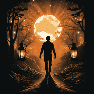 A man walking through a forest with lanterns in the background.