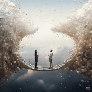 Two people standing on a bridge in the clouds.