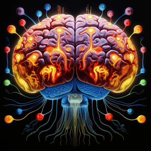 An image of a human brain with colorful cells.