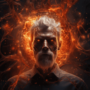 A man with a beard and flames on his face.