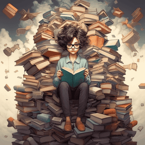 A girl sitting on top of a pile of books.