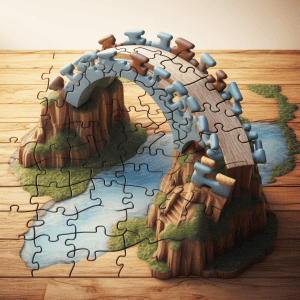 A jigsaw puzzle with a bridge on it.