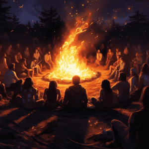 A group of people sitting around a campfire.