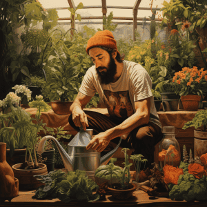 A man is watering plants in a greenhouse.