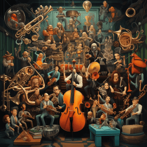 An illustration of a group of musicians in a room.