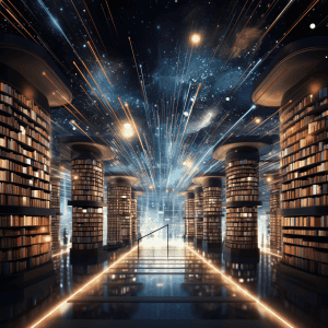 A library with bookshelves and a starry sky.