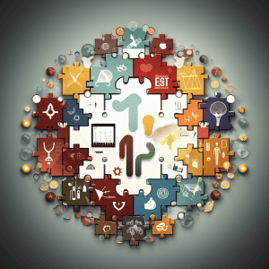 Jigsaw puzzle with various icons in the center.