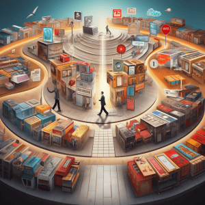 A 3d illustration of a shopping mall with people walking around.
