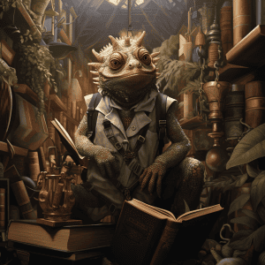 A frog sitting in a library with a book.