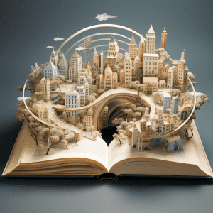 An open book with a city in it.