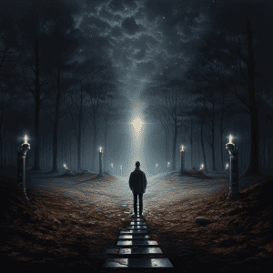 A man is walking down a path in a dark forest.