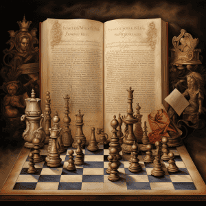Chess pieces on a chess board with an open book.