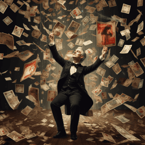 A man in a tuxedo is throwing money into the air.