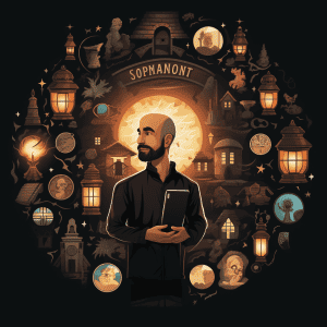 A black and white illustration of a man standing in front of a circle of icons.