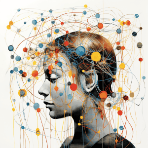 A painting of a woman's head with a lot of dots on it.
