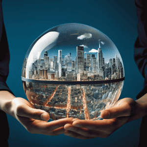 Business people holding a glass ball with a cityscape in it.