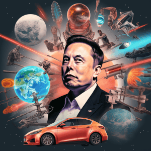 Elon musk in space with a car in the background.