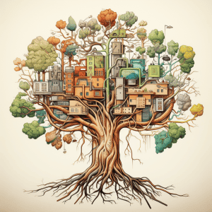 An illustration of a tree with buildings on it.