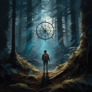 A man walking through the forest with a compass in his hand.