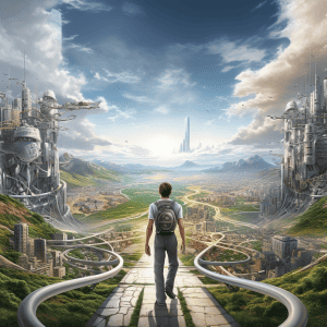A man is walking down a path in a futuristic city.