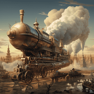 A steam train flying over a city.