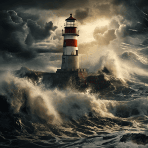 A lighthouse in a stormy sea.