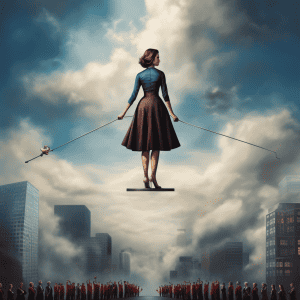 A woman is standing on a rope in front of a crowd of people.
