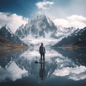A person standing on a rock in front of a lake with mountains in the background.