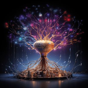 A tree made of wires and lights on a black background.