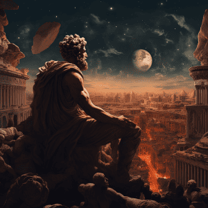 A man is sitting on top of a hill overlooking a city.