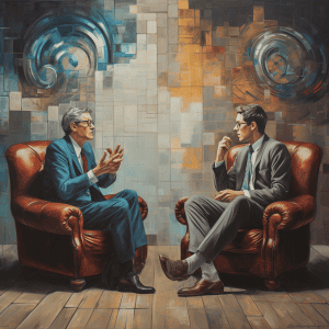 A painting of two men sitting in chairs.