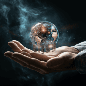 A man's hand holding a globe with people on it.