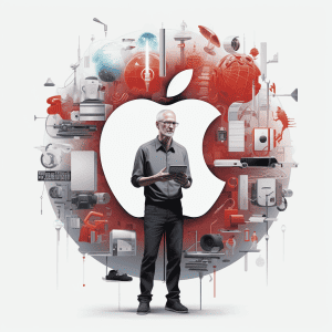 An apple logo with a man standing in front of it.