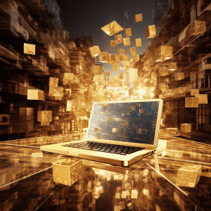A laptop computer with golden cubes flying out of it.