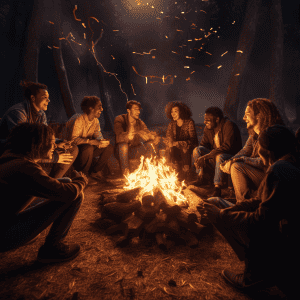 A group of people sitting around a campfire at night.