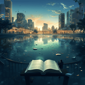 An open book sitting on a bench in front of a city.