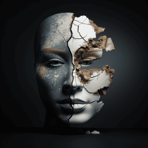 A woman's head with a cracked face on a black background.